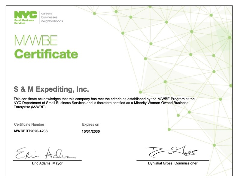 NYC M/WBE certificate for S & M Expediting, Inc., number MWCERT2020-4236, expiring October 31, 2030